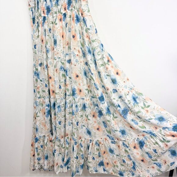Penelope Rose White Blue Peach Floral V Neck Tiered Maxi Tank Dress NEW - Picture 11 of 16